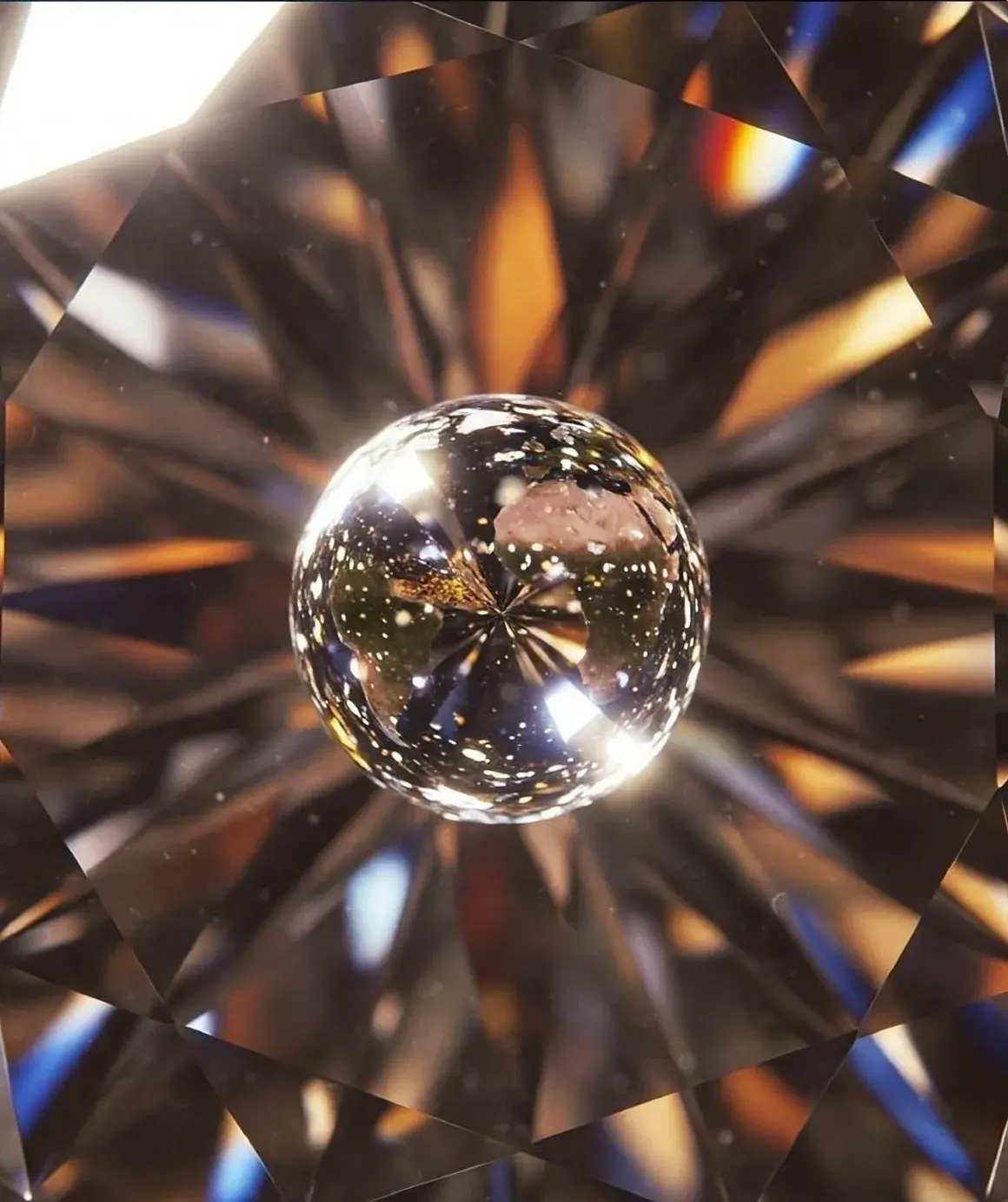A cut crystal sphere photographed inside a faceted stone, light splitting through every facet