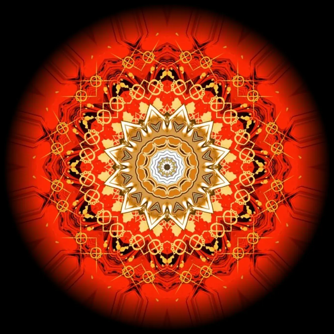 The ruby kaleidoscope medallion — gold linework radiating on a deep red ground