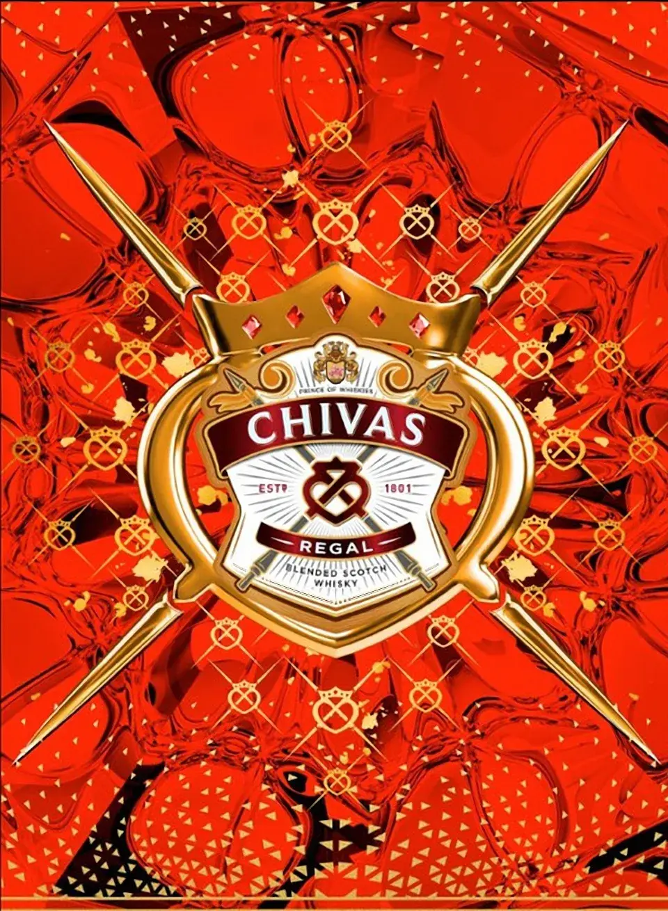 The Chivas Regal 12 pack face — the crest centred on red with gold kaleidoscope linework