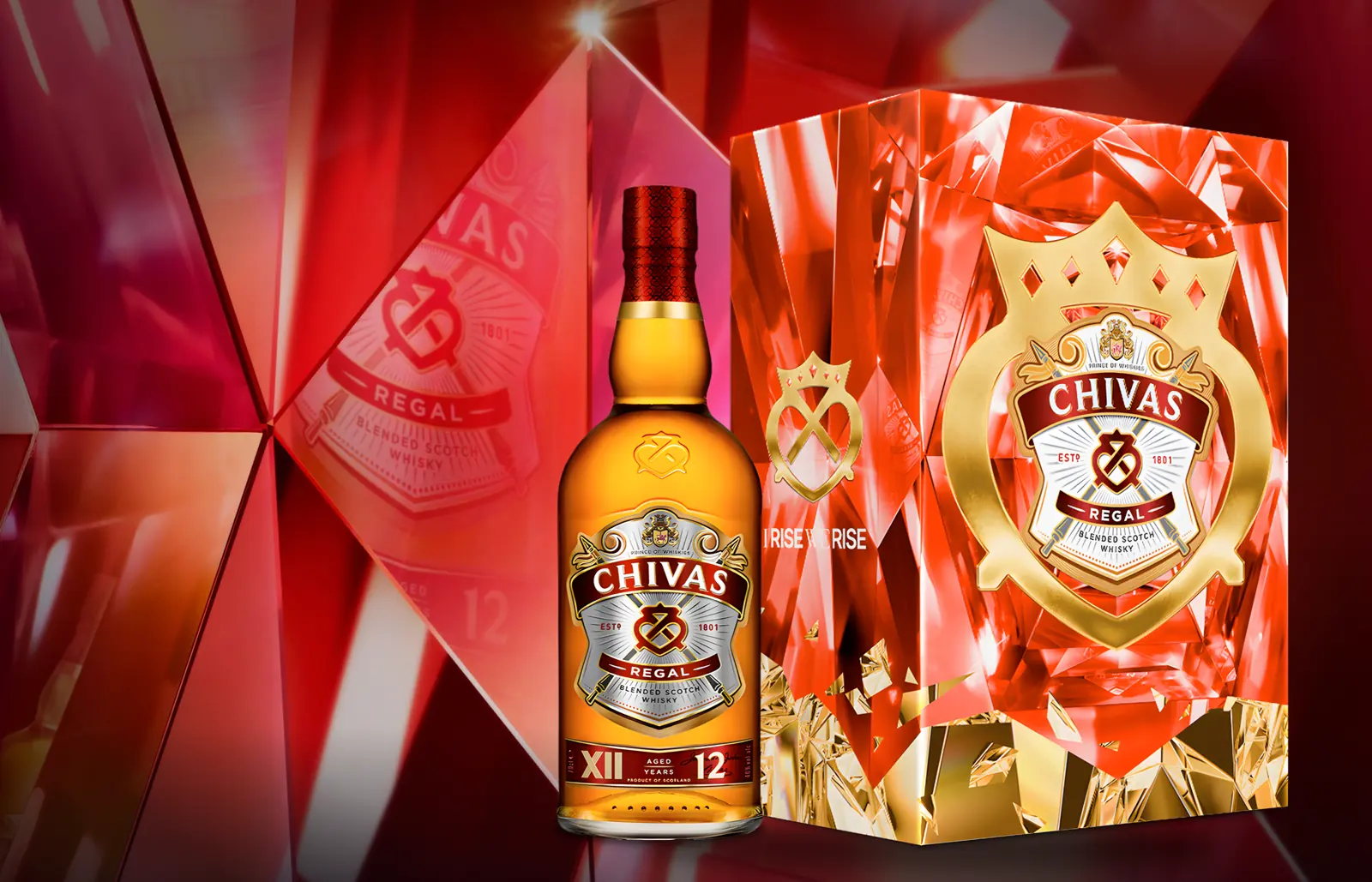 The Chivas Regal 12 pack and bottle standing inside a ruby crystal chamber