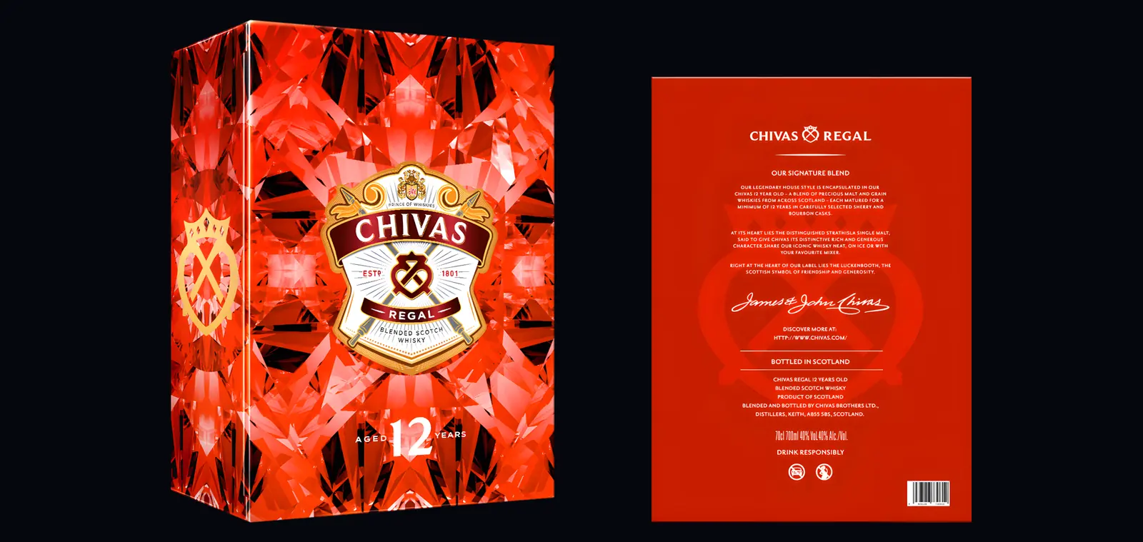 Chivas Regal 12 Tết 2026 gift box beside its red back panel