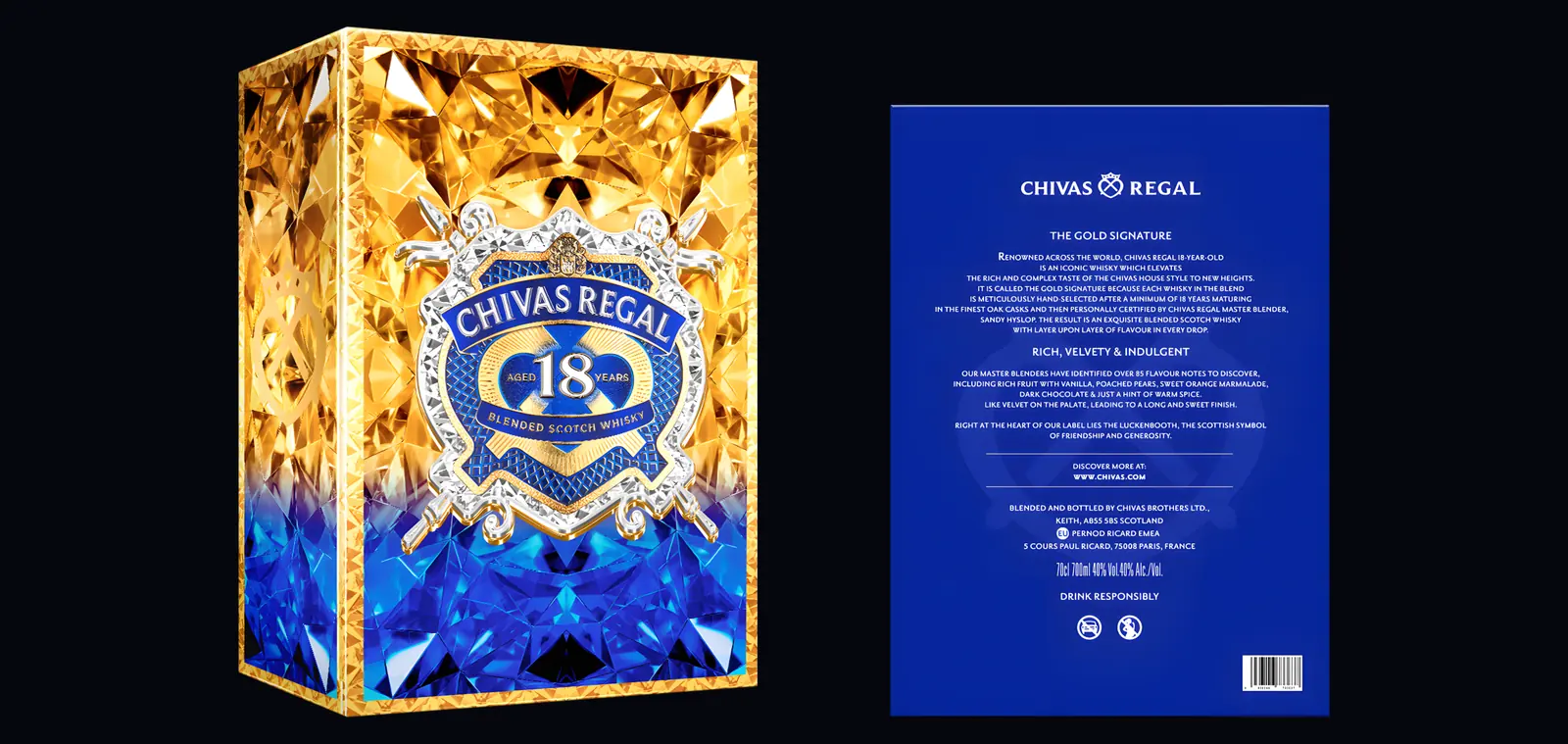 Chivas Regal 18 Gold Signature Tết 2026 gift box beside its blue back panel