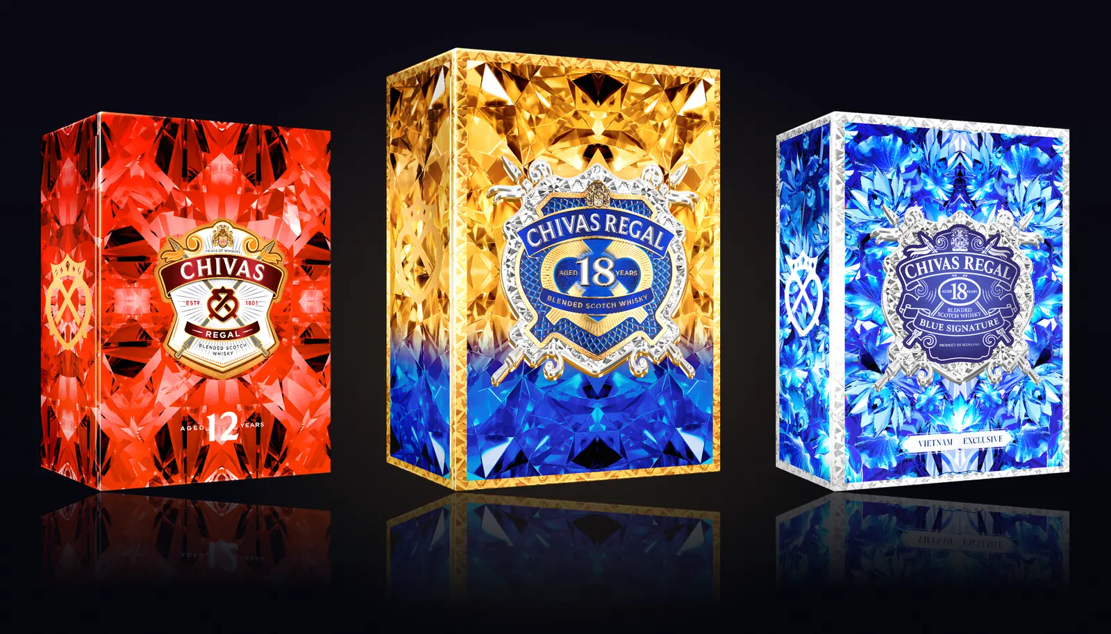 The three Chivas Regal Vạn Hoa packs for Tết 2026 — red, gold and blue — standing together