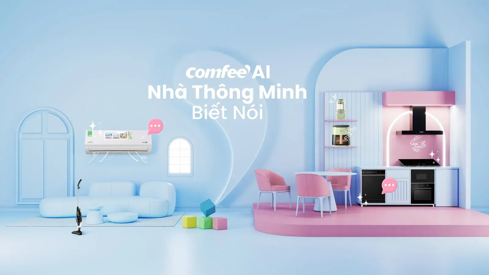 Illustrated pastel smart home with every Comfee appliance arranged around a central house