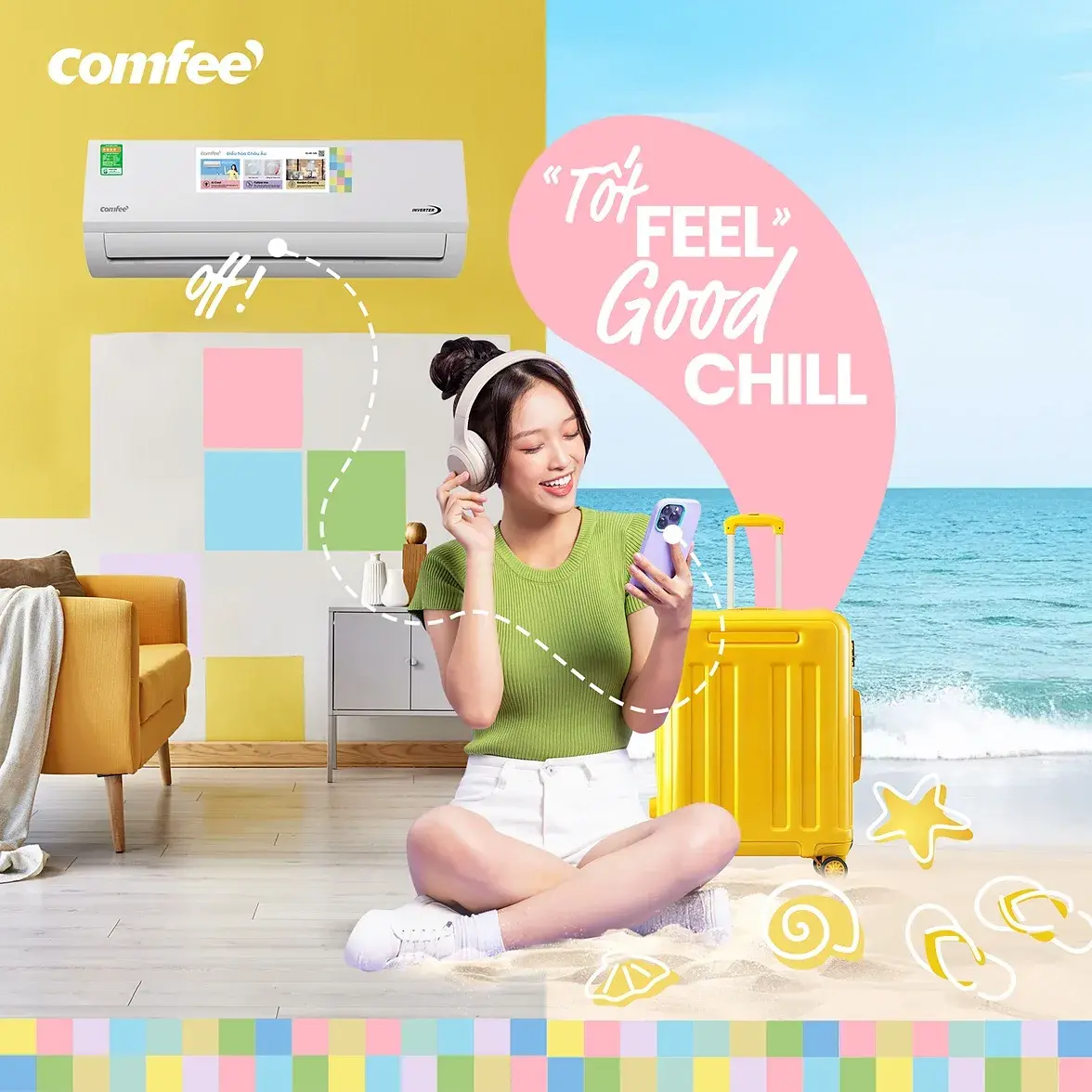 Beach scene — a woman with a suitcase and phone in front of a colourful wall