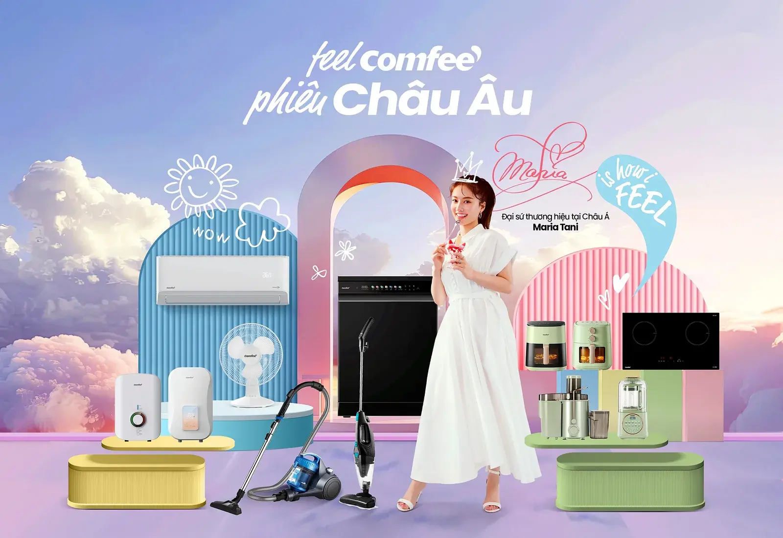 Seasonal key visual — a European arch scene in pastel with the full appliance range and a model in white
