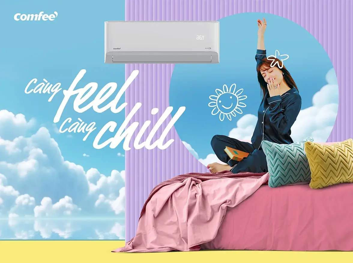 Summer key visual — a woman on a bed beside an air conditioner, same lockup