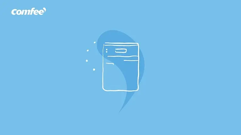 The same speech-bubble device on blue with a dishwasher inside