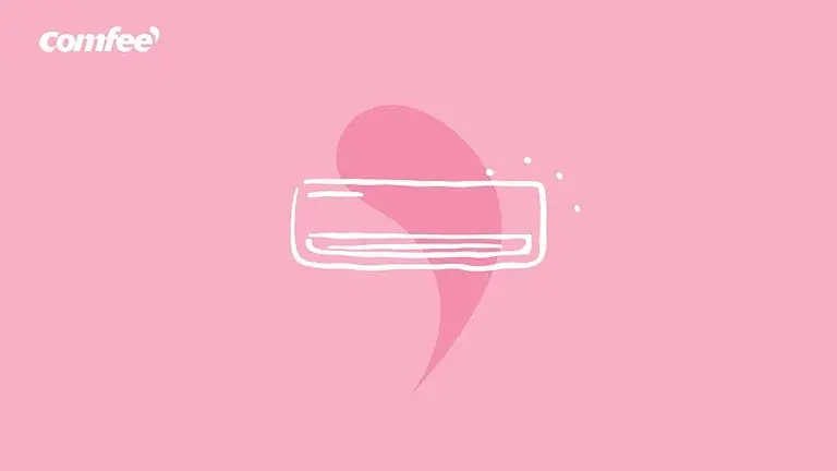 The Comfee comma enlarged into a speech bubble on pink, an air conditioner drawn inside it