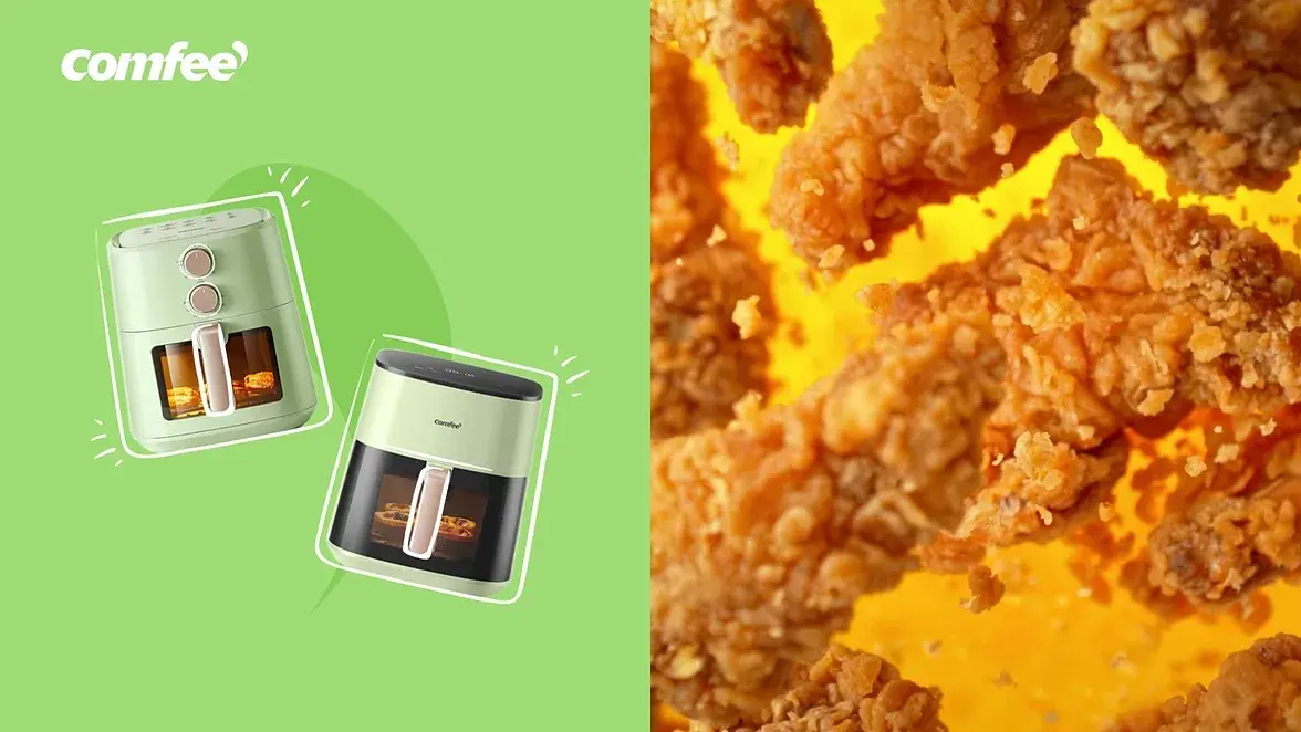 Air fryer beside a close-up of golden fried food