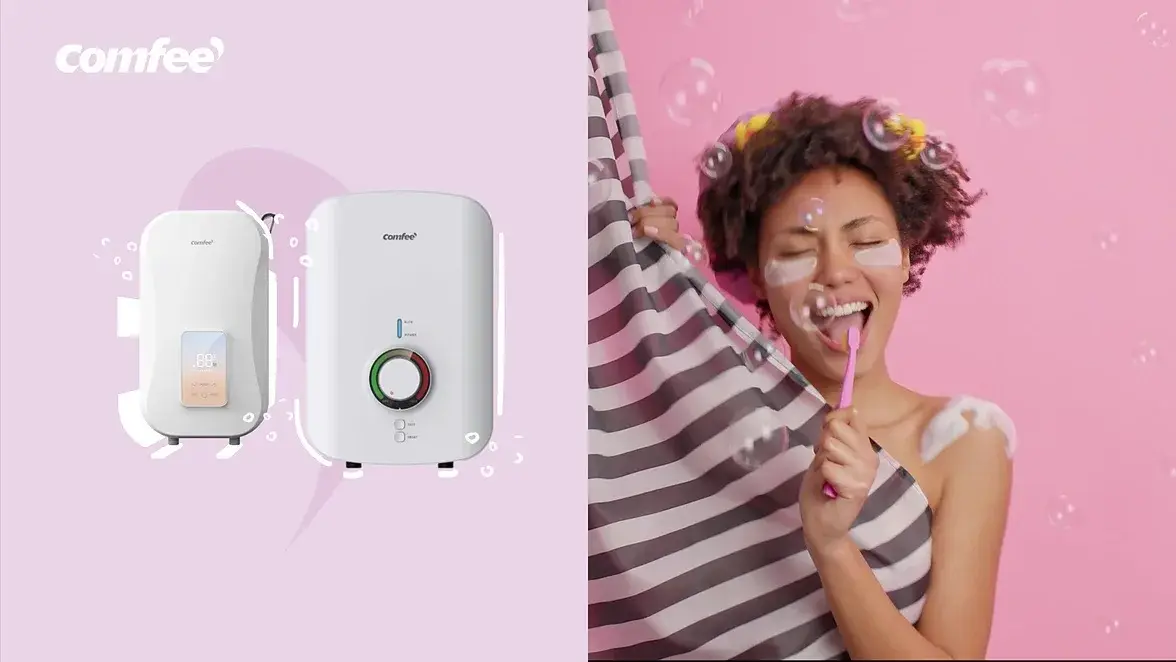Water heater on pink beside a woman with a lollipop against a striped wall