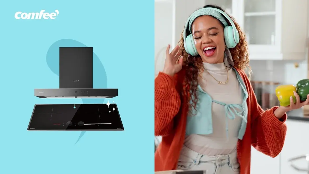 Range hood on blue beside a woman in headphones dancing