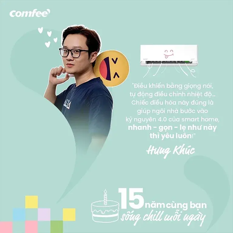 Published post — a spokesperson beside an air conditioner on the 15-year anniversary layout