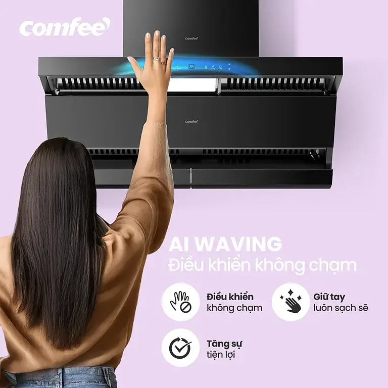 Catalogue card — AI Waving, gesture control shown by a raised hand under the hood