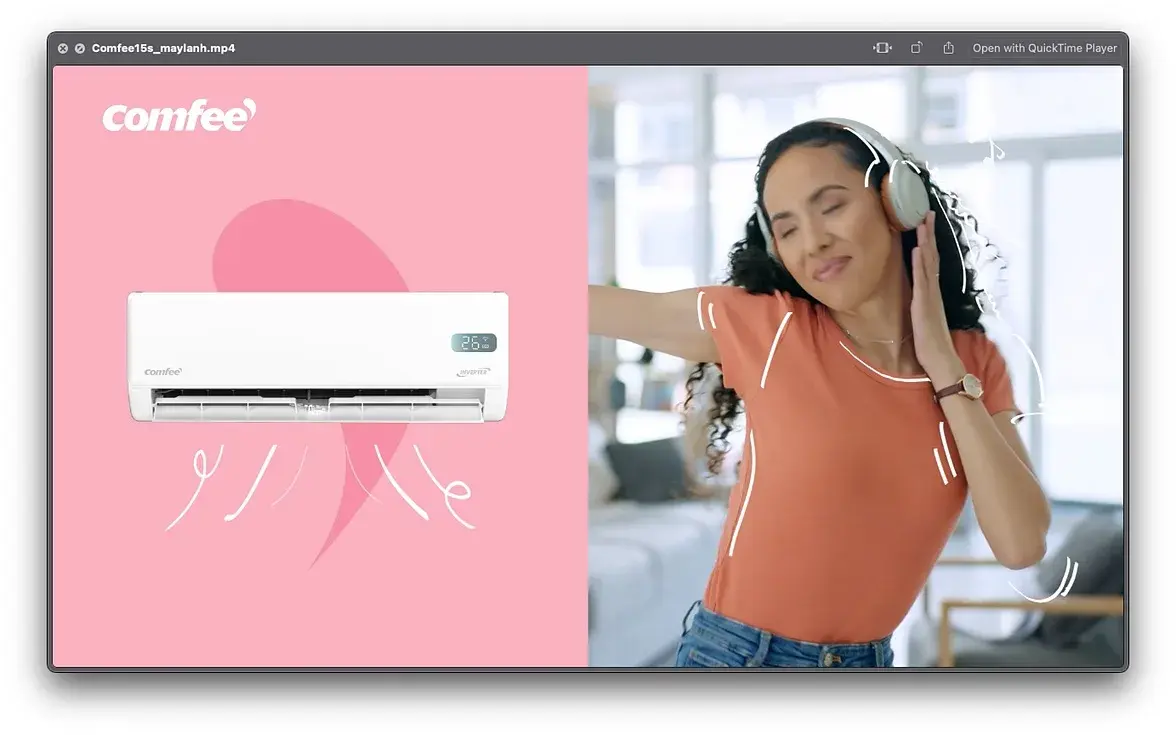 Film thumbnail — air conditioner beside a woman reaching up in a bright room