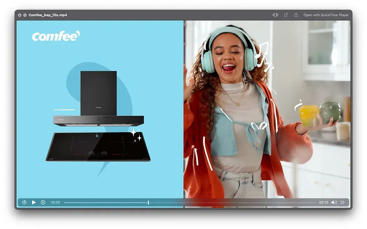 Film thumbnail — range hood beside a woman in headphones in a kitchen