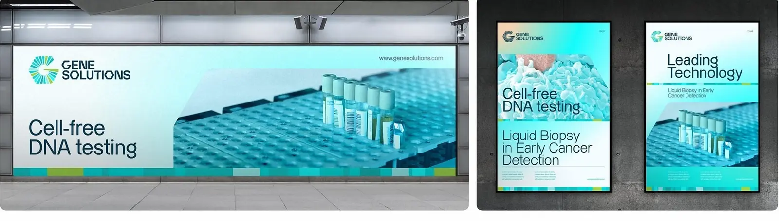 The identity applied across a hospital environment — wall graphic, poster frame and standing panel