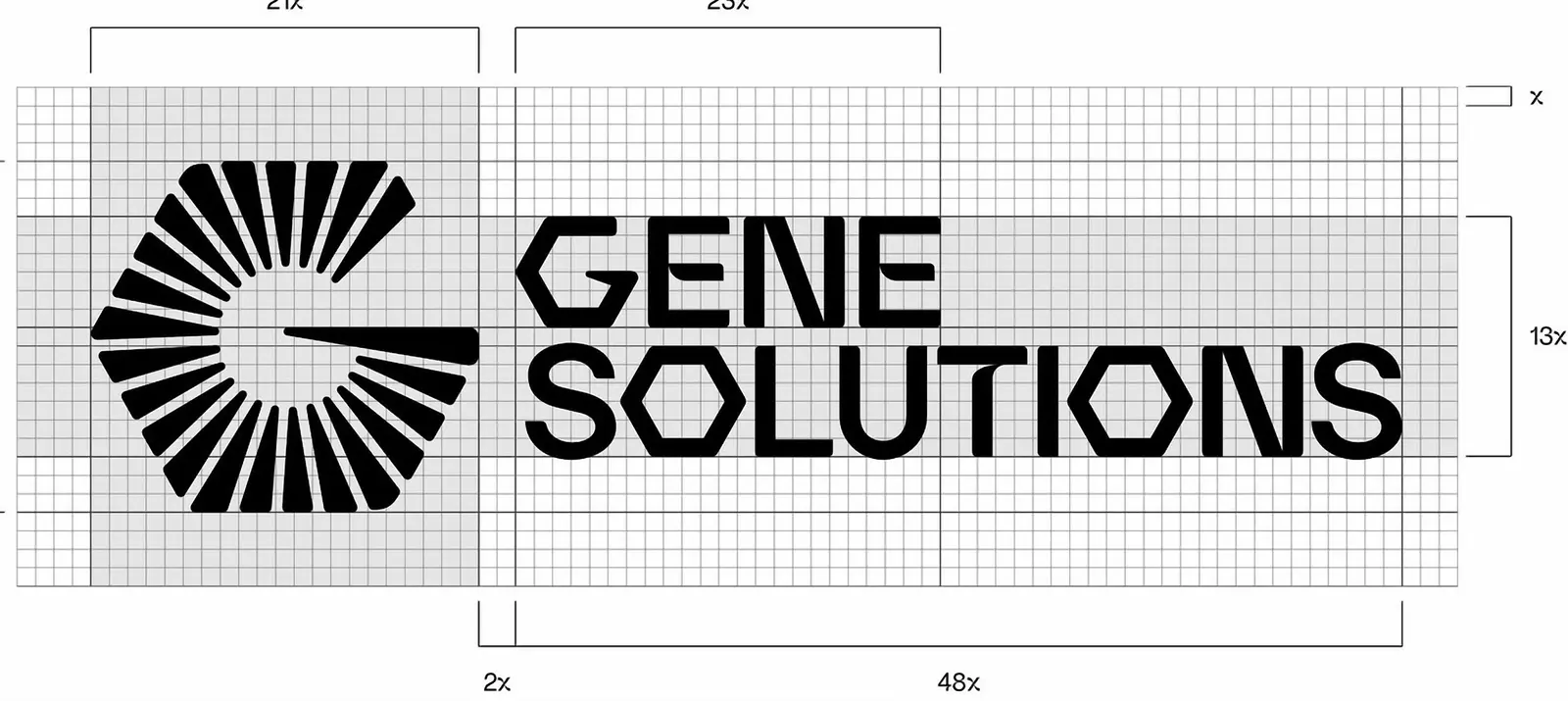 Construction drawing of the mark and wordmark on a modular grid, clearance measured in x-units