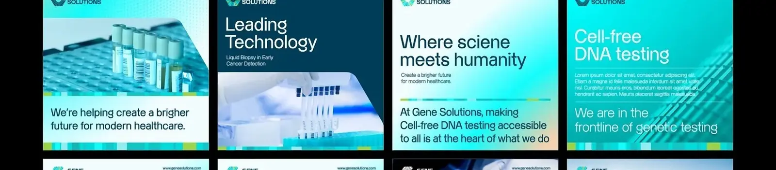 First row of the social kit — five posts pairing lab photography with the brand chevron