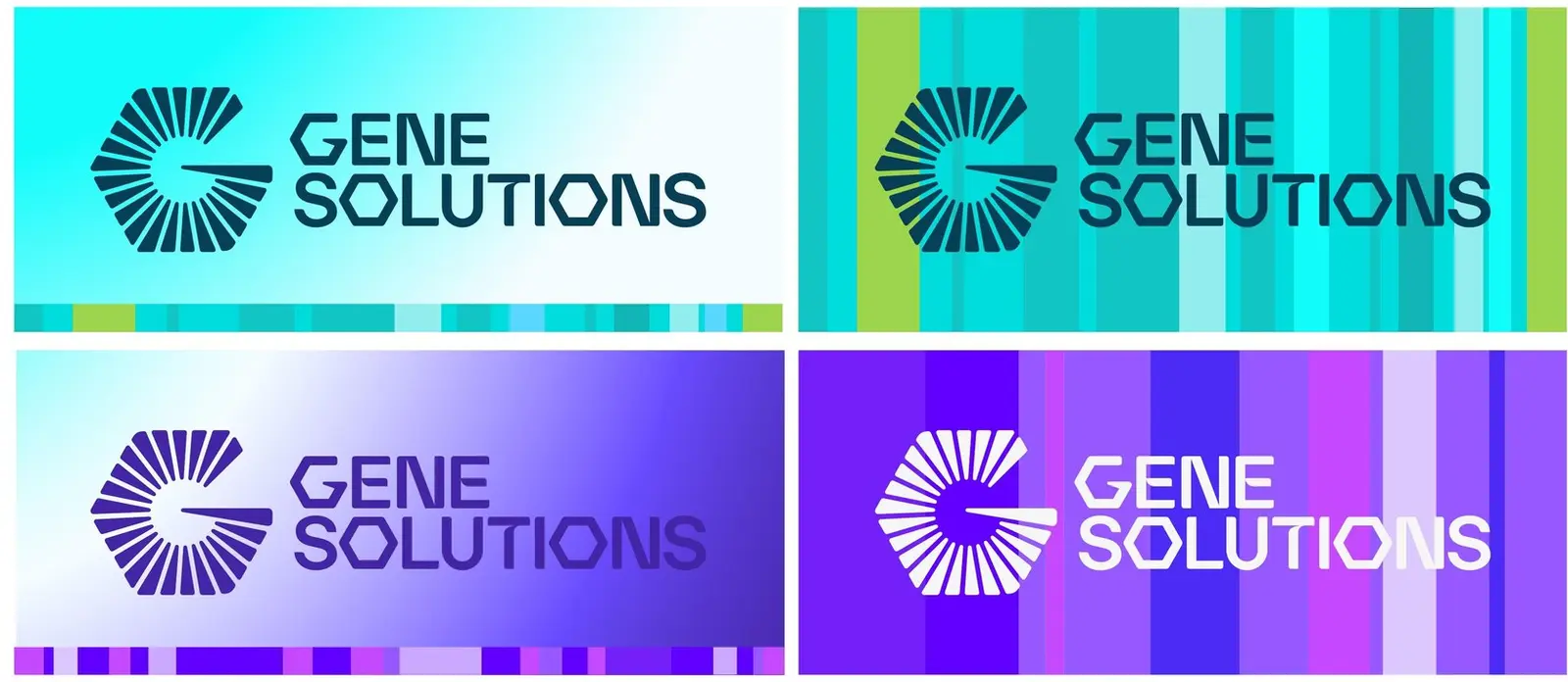 The wordmark applied over the striped brand pattern in four colourways