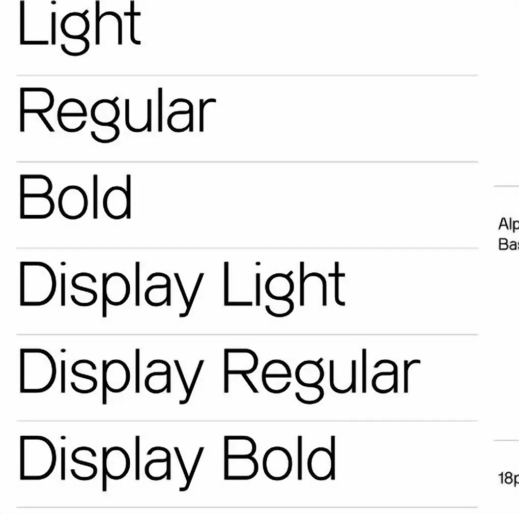 Type specimen listing the weights of the brand face — Light through Display Bold