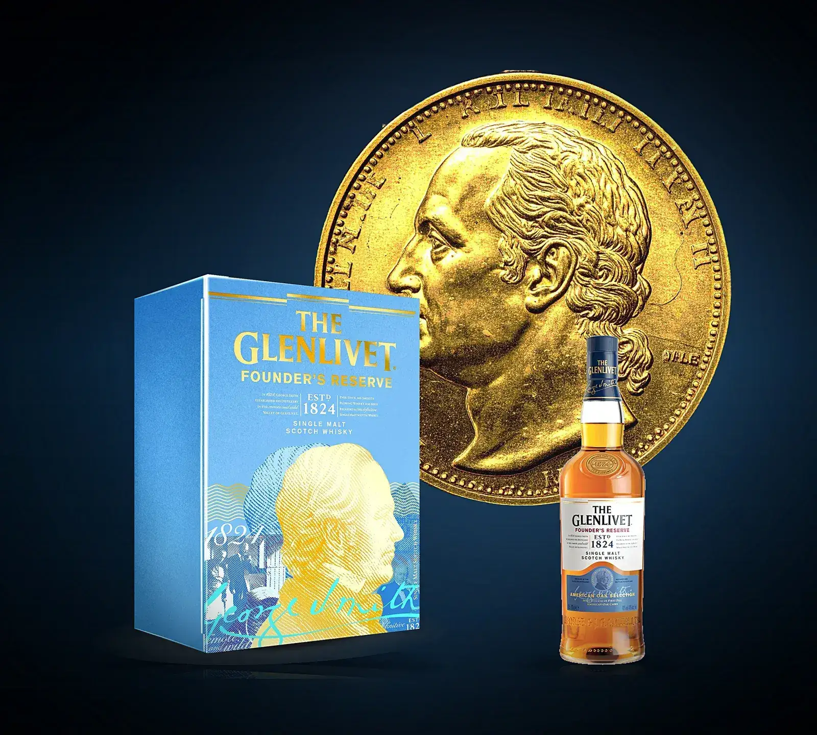 The 2025 box and bottle lit under a large gold coin bearing the founder’s portrait, like a moon