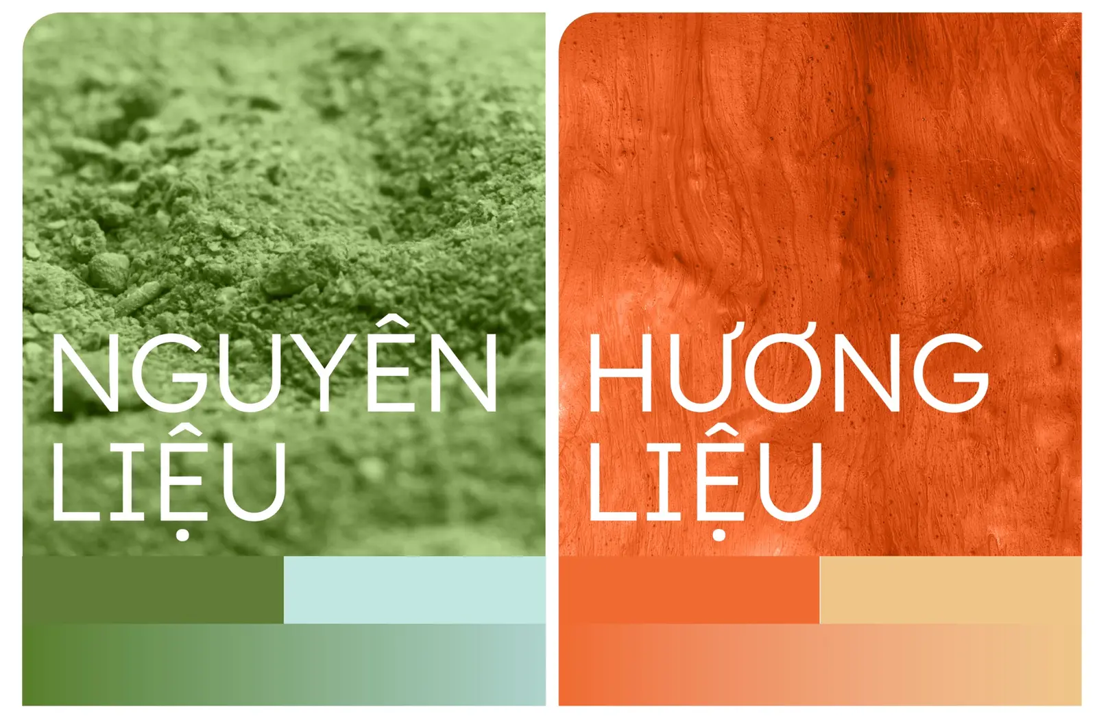 Two colour families split the business — green for raw ingredients, orange for flavours