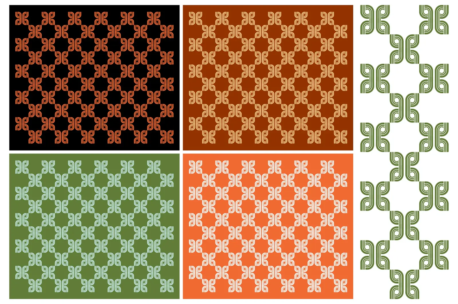 The pattern — the same stroke woven into a lattice, in orange and green
