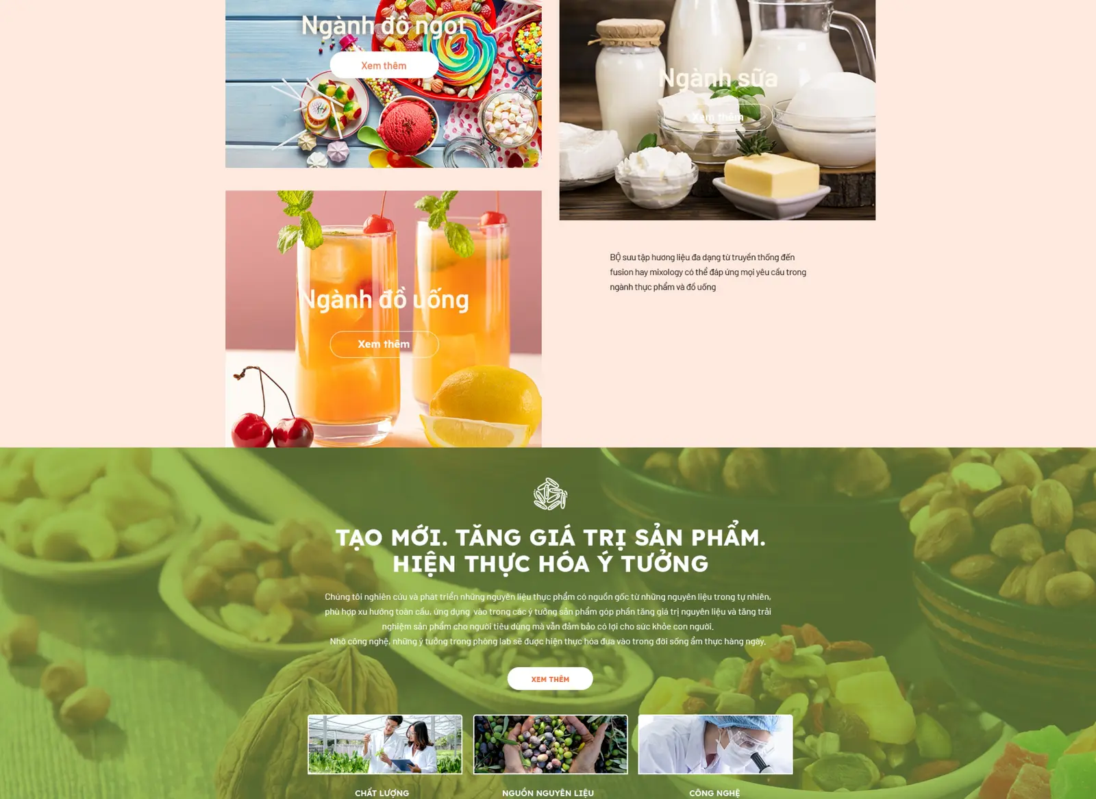 A full site section — ingredients grid over a green field