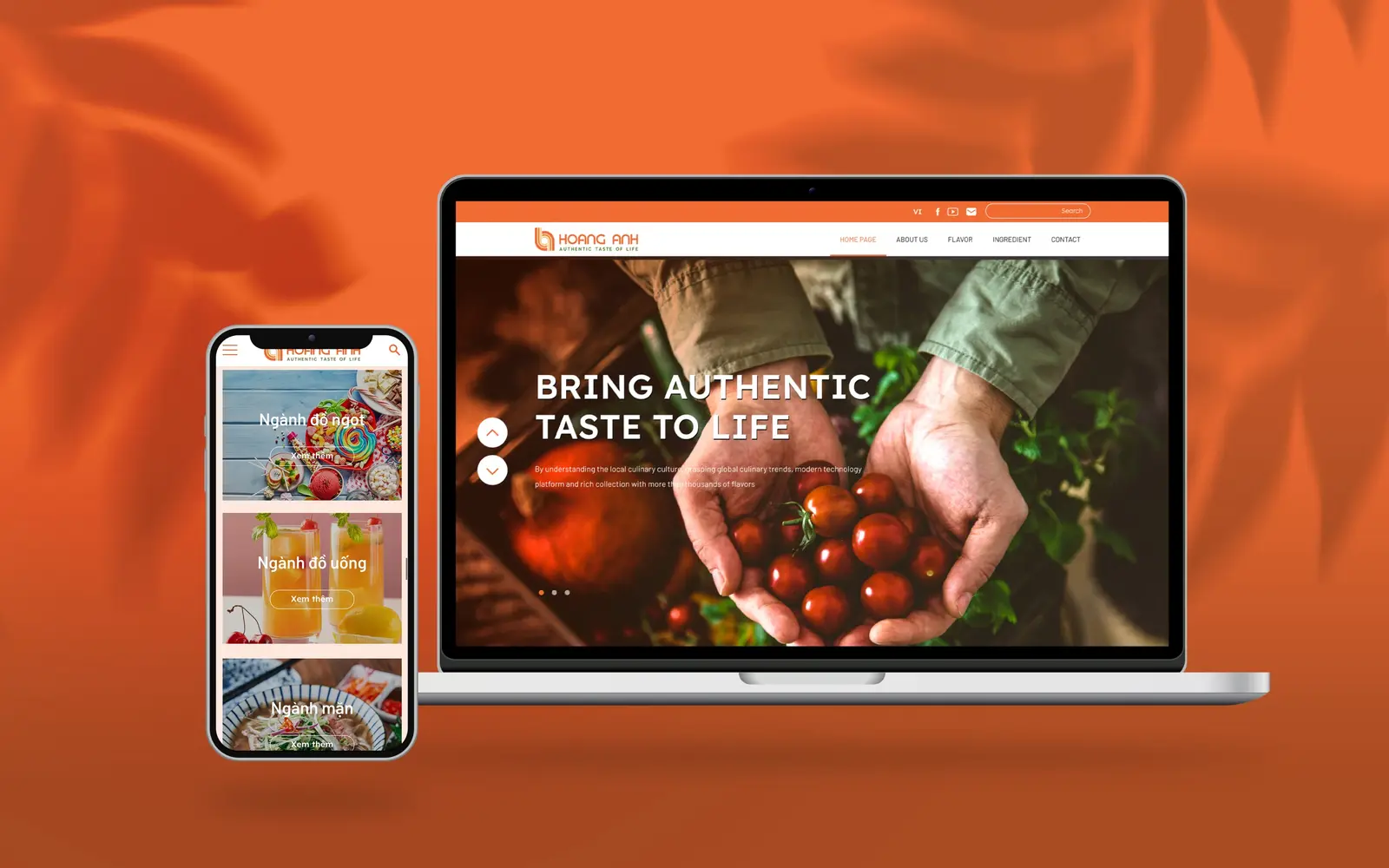 Laptop and phone showing the site, on an orange field