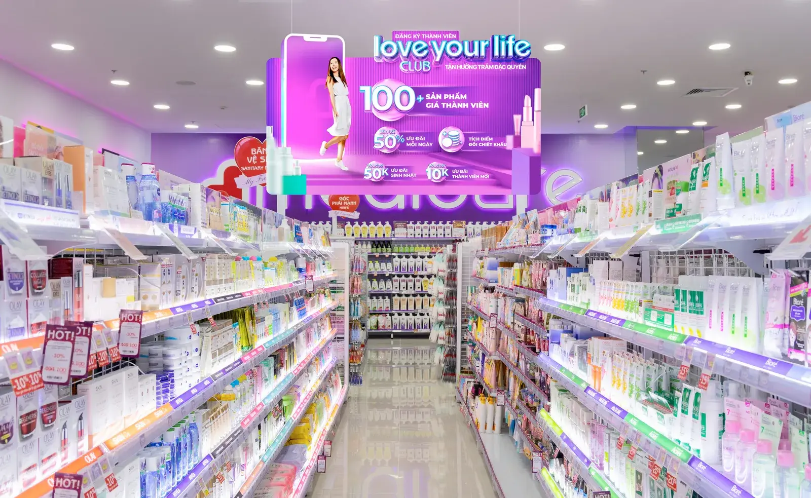 Aisle hangers running the length of the store