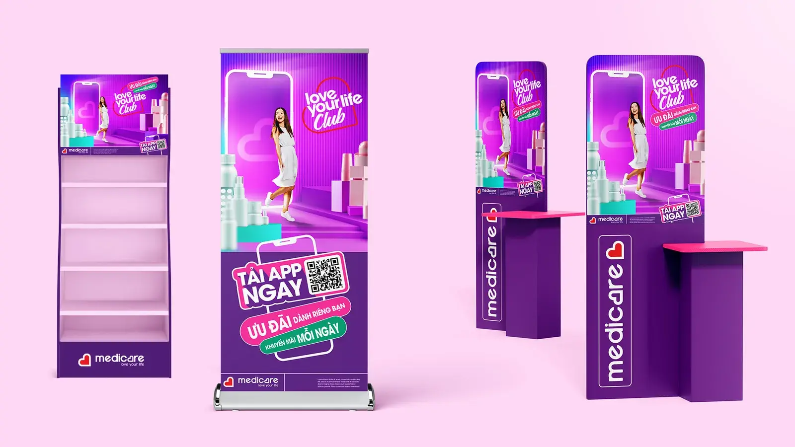 The full POSM set — standee, shelf units and counter