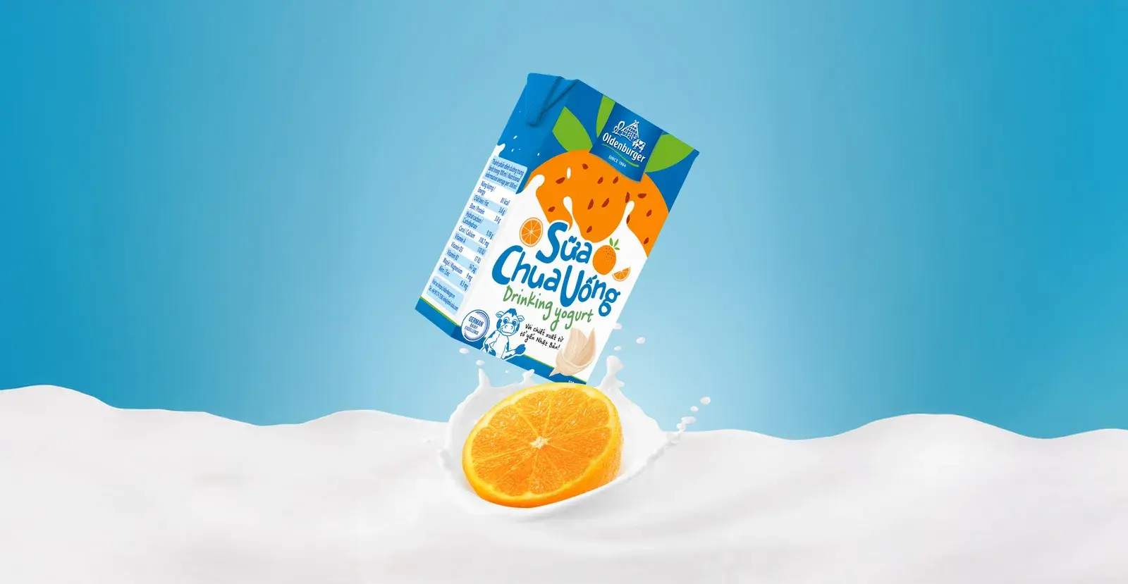 Orange key visual — the pack riding a wave of milk