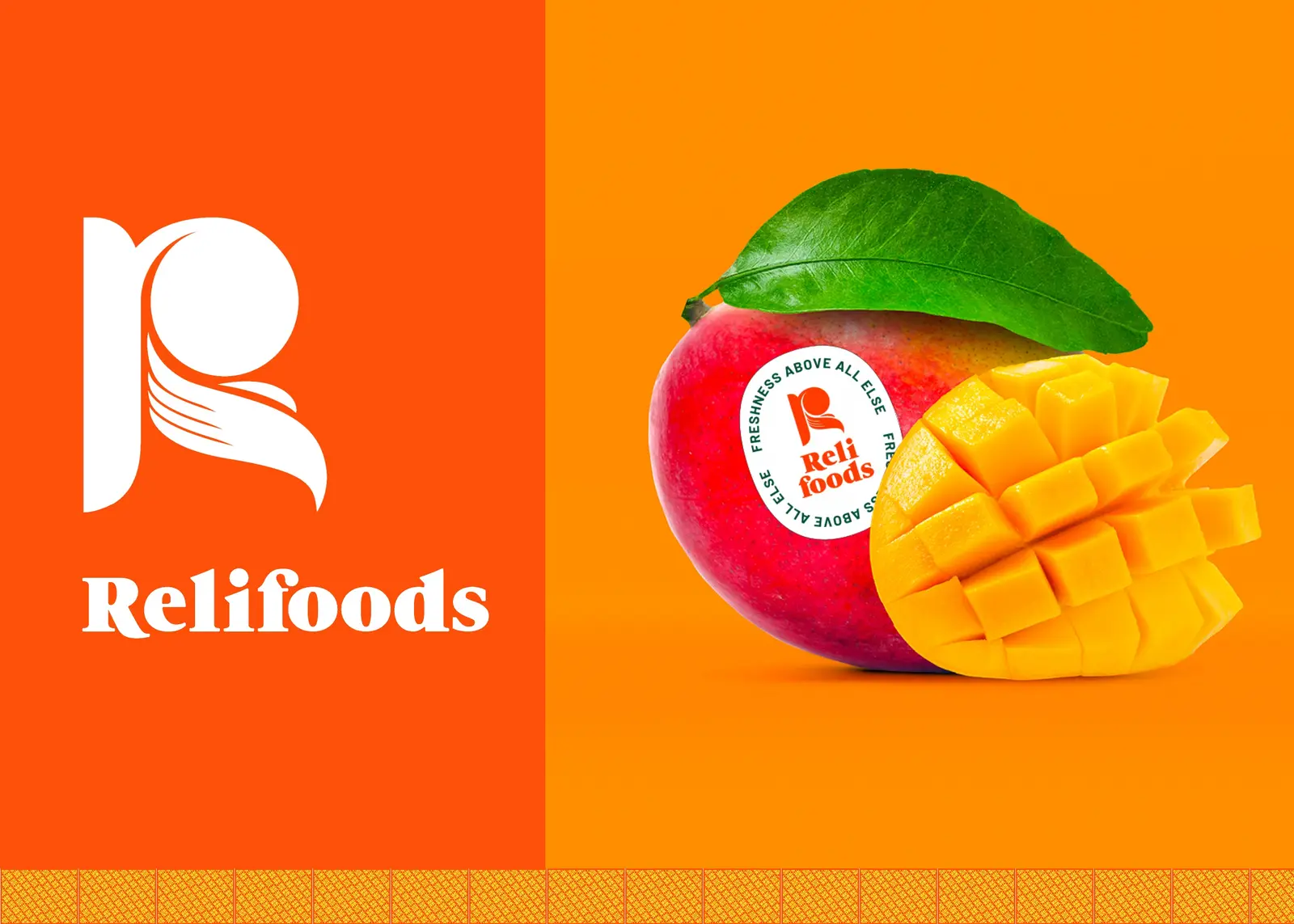 The Relifoods monogram in orange beside a cut mango on an orange ground
