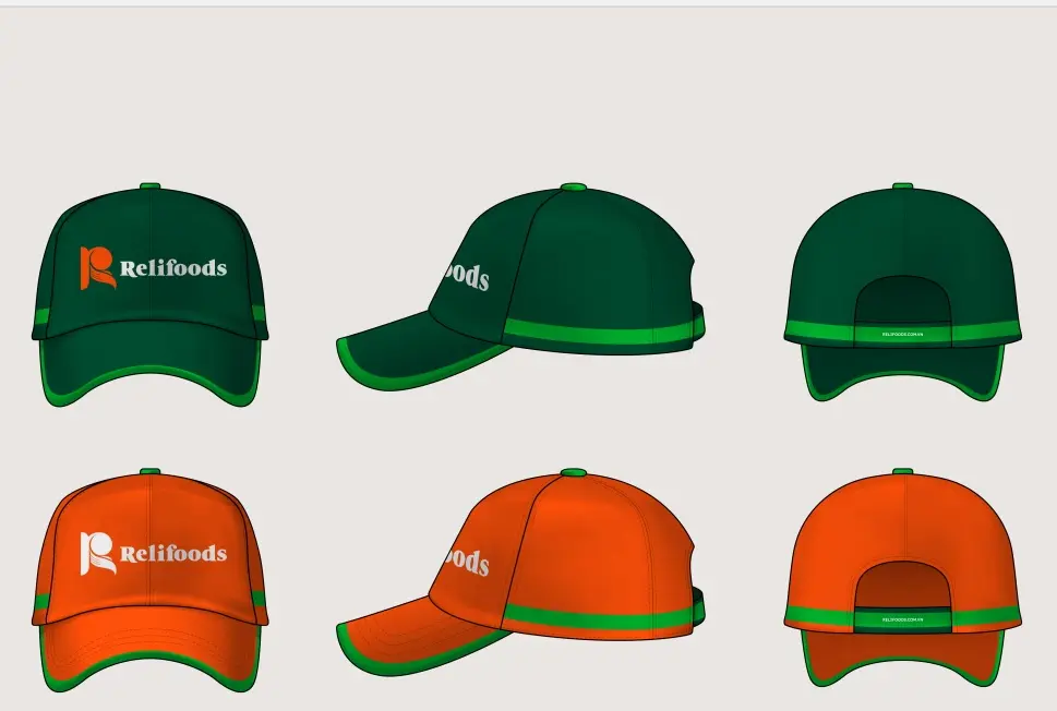 Caps in green and orange, three views