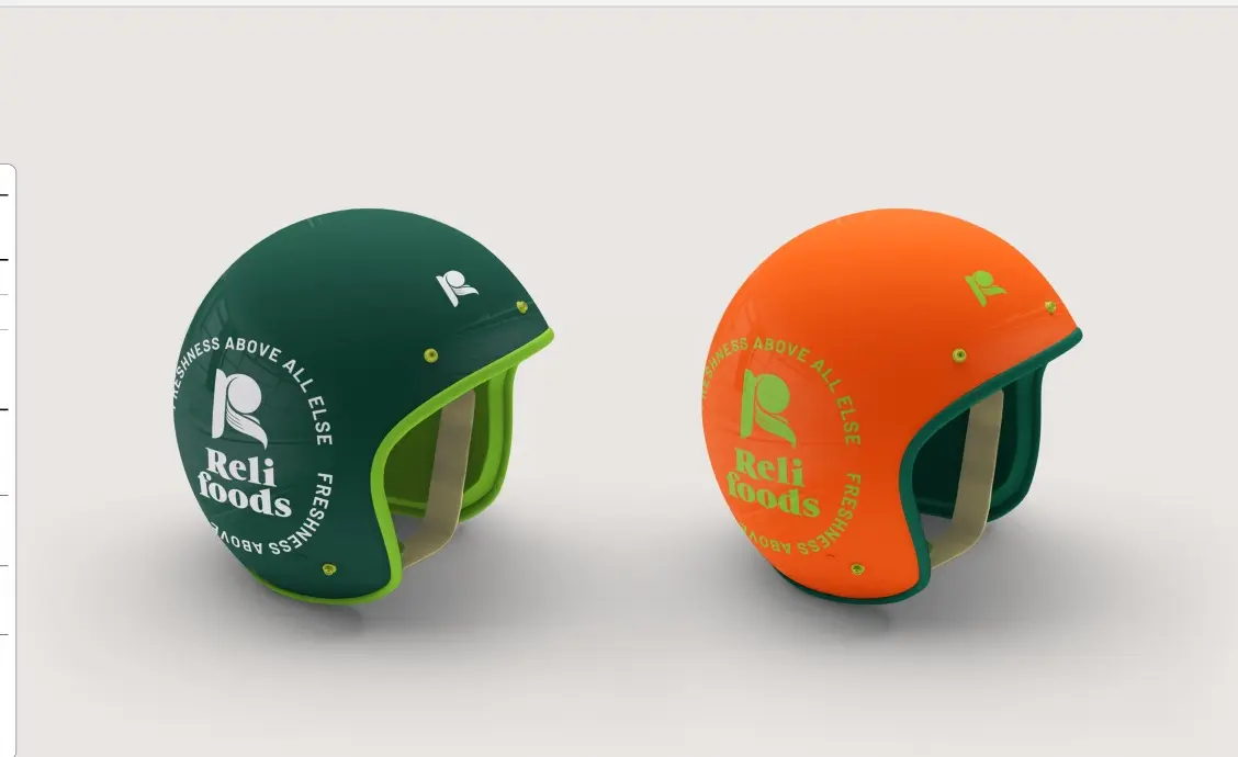 Hard hats in green and orange carrying the stamp