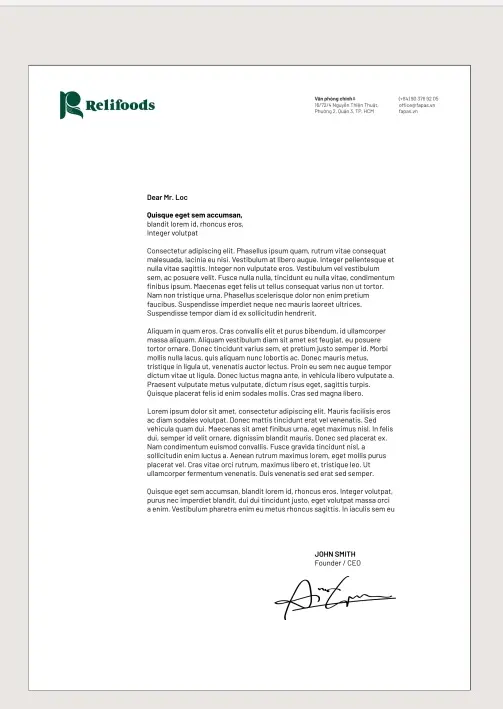 A4 letterhead with the wordmark at the head and the stamp signed off at the foot