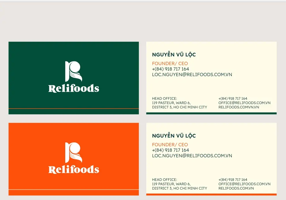 Name cards in two colourways — dark green and orange