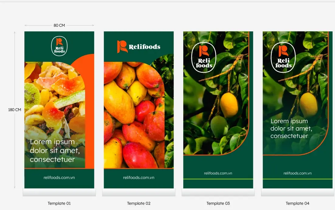 Four standee templates — produce photography above the wordmark