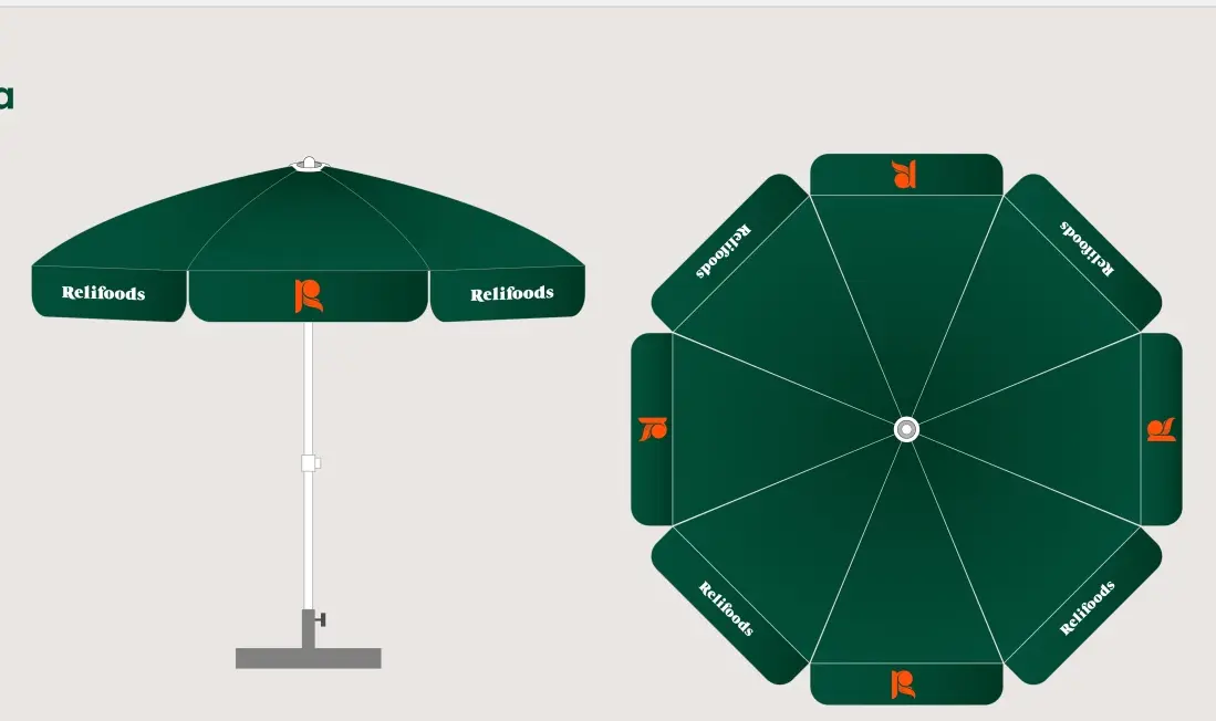 Large parasol in green, side and plan view