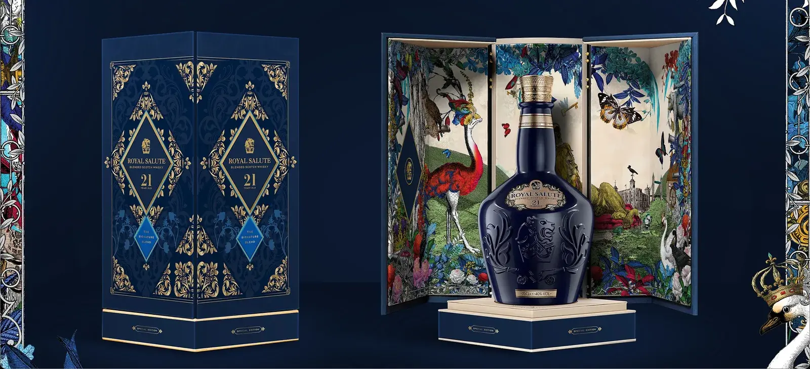 The Royal Salute 21 Tết pack open on a plinth, blue panels folded out around the porcelain flagon