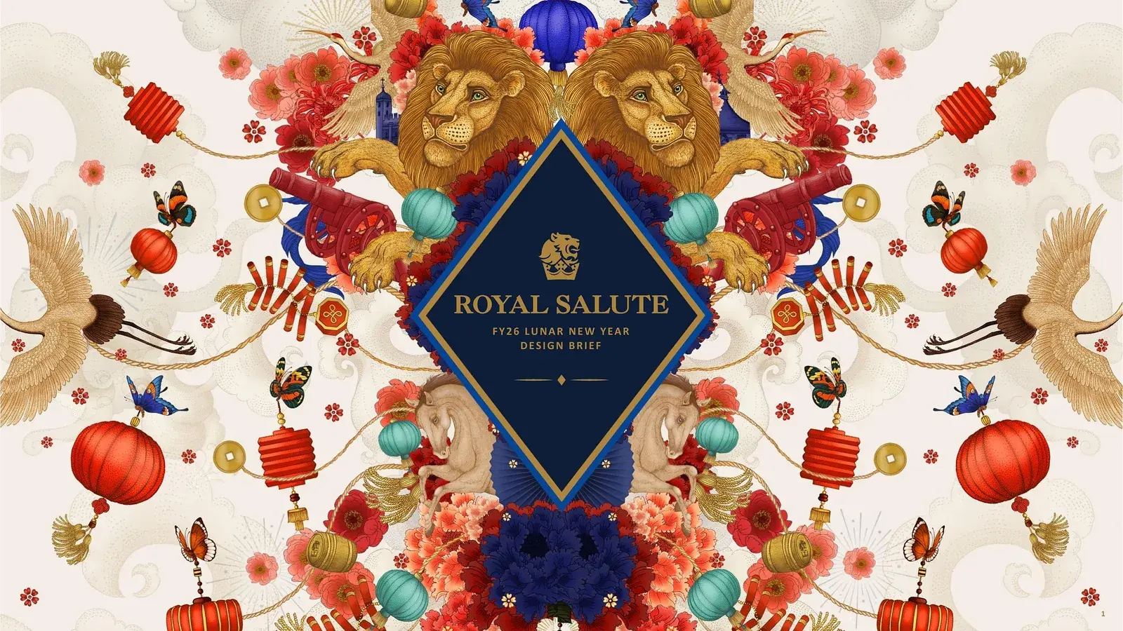 The Lunar New Year illustration — the crest at the centre of a symmetrical field of flowers, lions and lanterns