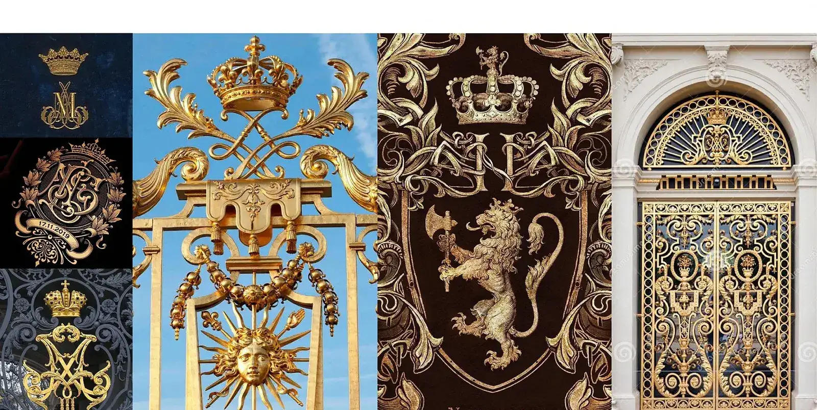 Reference board of British royal architecture — gilded gates, heraldic lions, crowns and ironwork