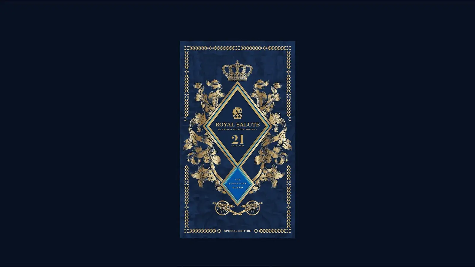 The RS21 pack front — gold ornament framing the crest on royal blue