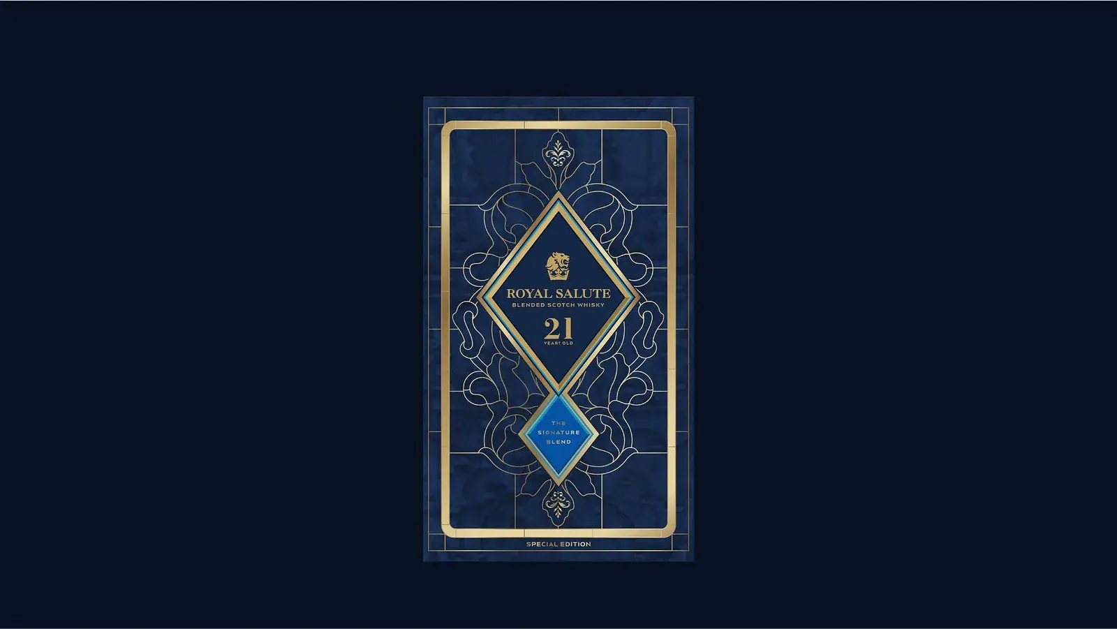 RS21 in the regalia route — ornament drawn as embroidery on blue