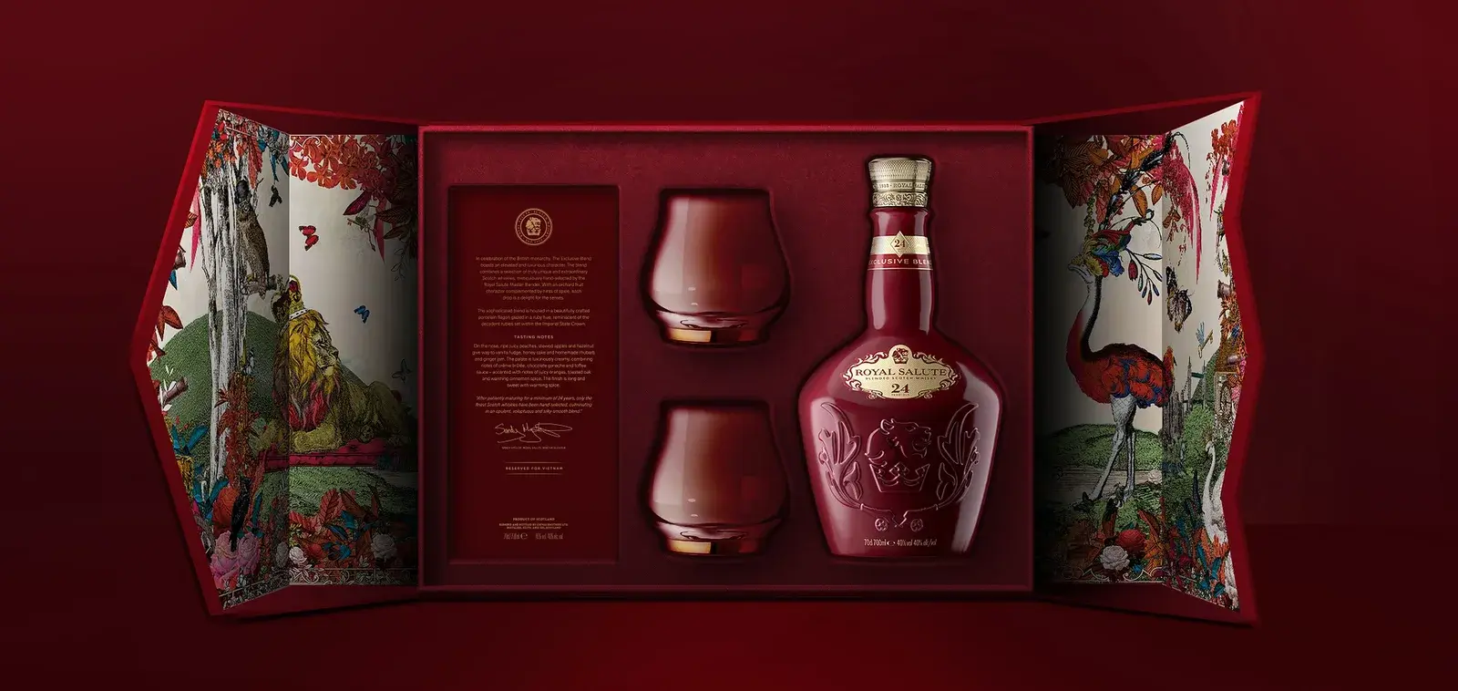 The RS24 Special Edition opened — flagon and two tumblers inside the printed case