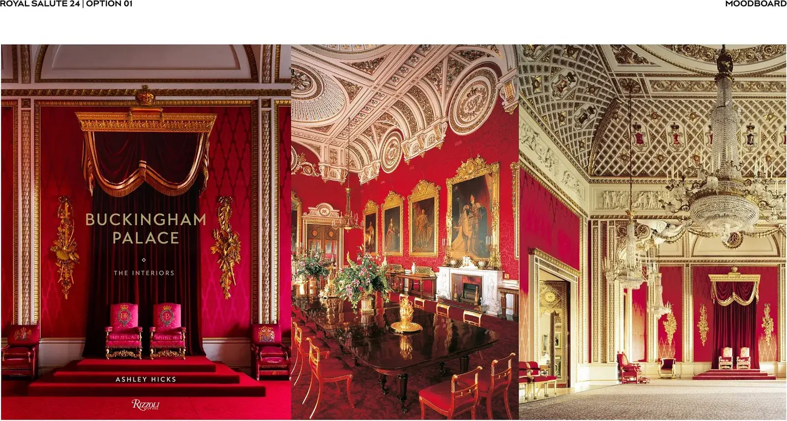 Reference board of a red state room — draped walls, gilded cornices, the pack set inside