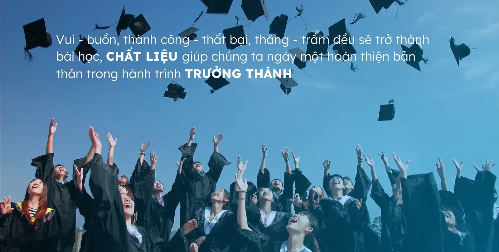Graduates throwing caps into the air, campaign line about growing up alongside