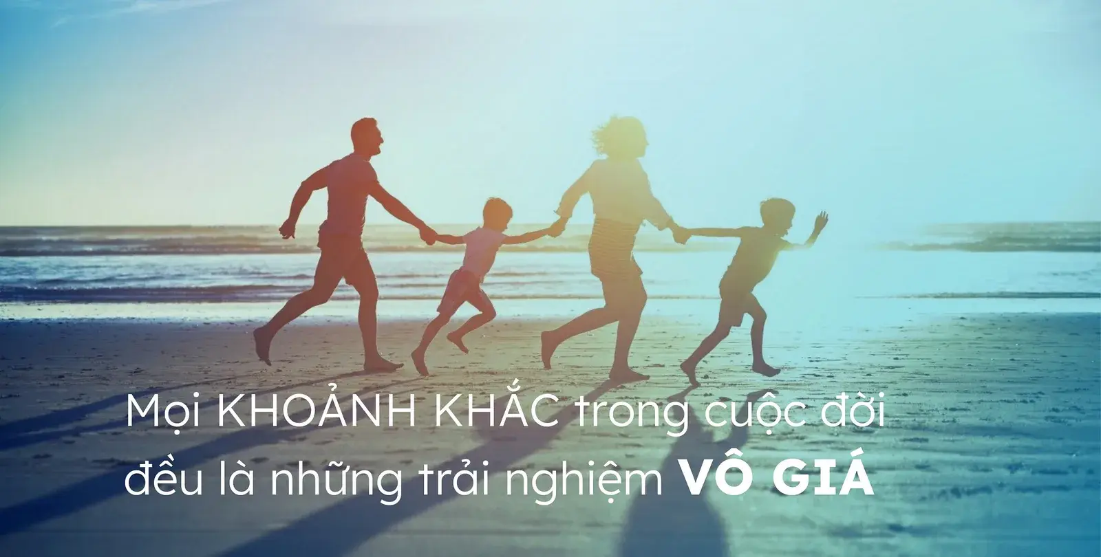 A family running along the shore at sunset under the line about every moment being priceless