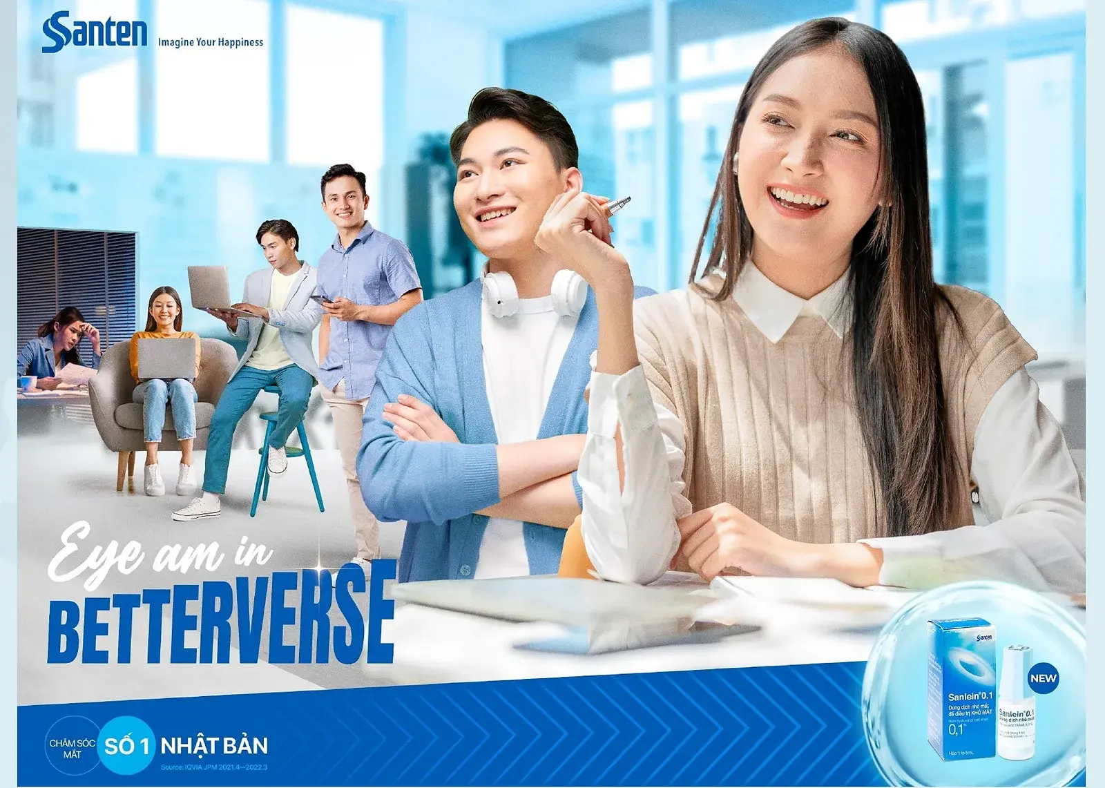 Key visual in Santen blue — colleagues in an office, Eye am in Betterverse lockup